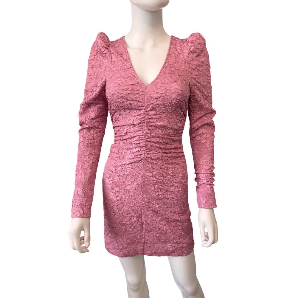 GANNI Pink Floral Jacquard Puff Shoulder Long Sleeve Minidress Size 32/XXS New